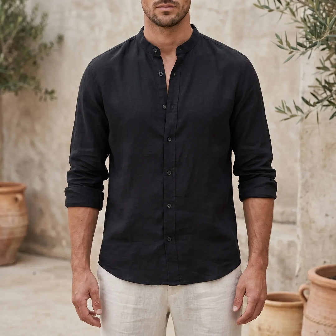 Men's casual mandarin collar shirt, long sleeve, lightweight for warm weather.