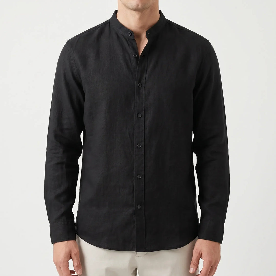 Modern men's mandarin collar summer shirt, relaxed fit, perfect for warm weather.