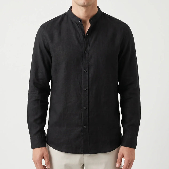 Modern men's mandarin collar summer shirt, relaxed fit, perfect for warm weather.