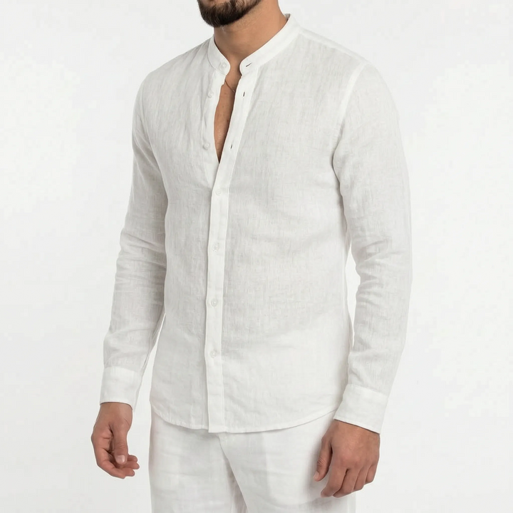 Men's long-sleeve casual shirt, mandarin collar, lightweight fabric, ideal for spring/summer.