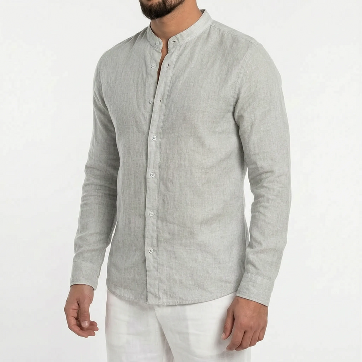 Relaxed fit men's casual shirt, mandarin collar, breathable & lightweight for warm weather comfort.