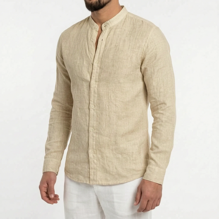 Stylish men's mandarin collar shirt, lightweight for summer outings & casual everyday wear.