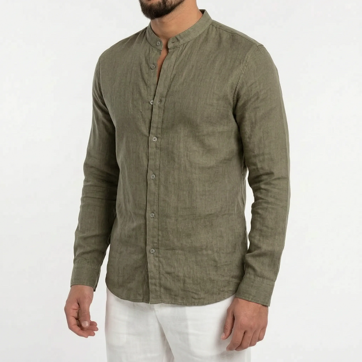 Men's modern mandarin collar shirt, long sleeve, lightweight, great for spring and warm weather.
