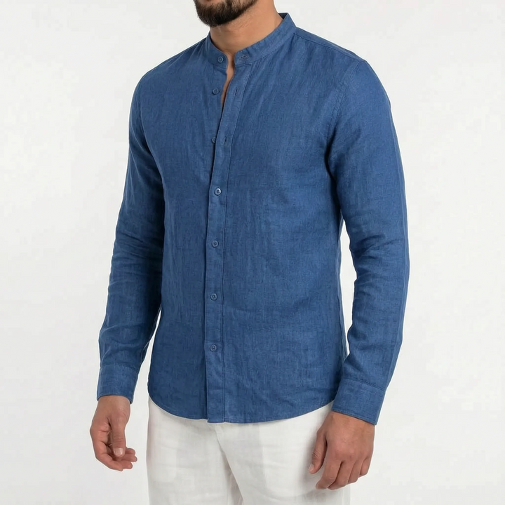 Men's button-up casual shirt, mandarin collar, lightweight & relaxed fit for warm weather style.