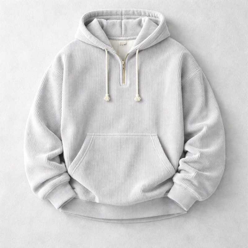 Relaxed fit men's quarter-zip hoodie, a comfortable and stylish pullover for casual and fall fashion.