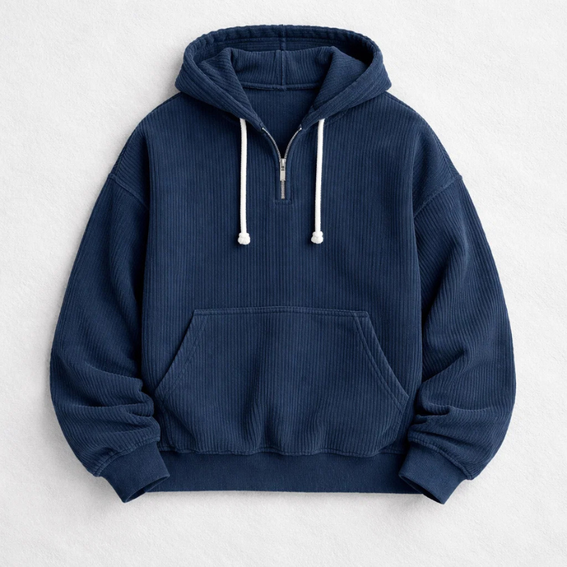 Comfortable men's quarter-zip hoodie for casual wear, a warm pullover perfect for fall and everyday style.