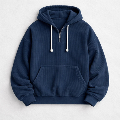 Comfortable men's quarter-zip hoodie for casual wear, a warm pullover perfect for fall and everyday style.