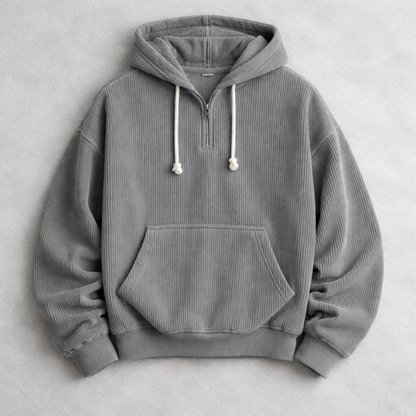 Men's comfortable quarter-zip pullover hoodie, ideal for casual everyday wear and fall fashion.