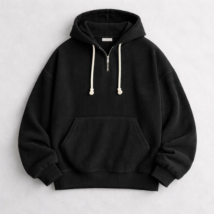 Stylish men's casual quarter-zip hoodie, a comfortable and warm pullover for relaxed everyday wear.