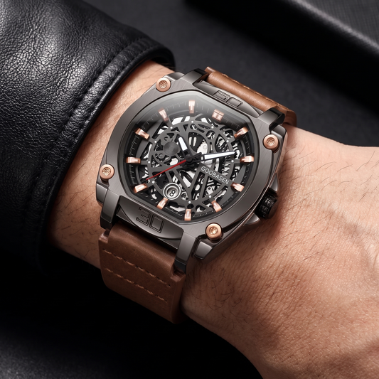 Men's casual quartz watch with a brown leather strap, silver alloy case, and date display for everyday wear.