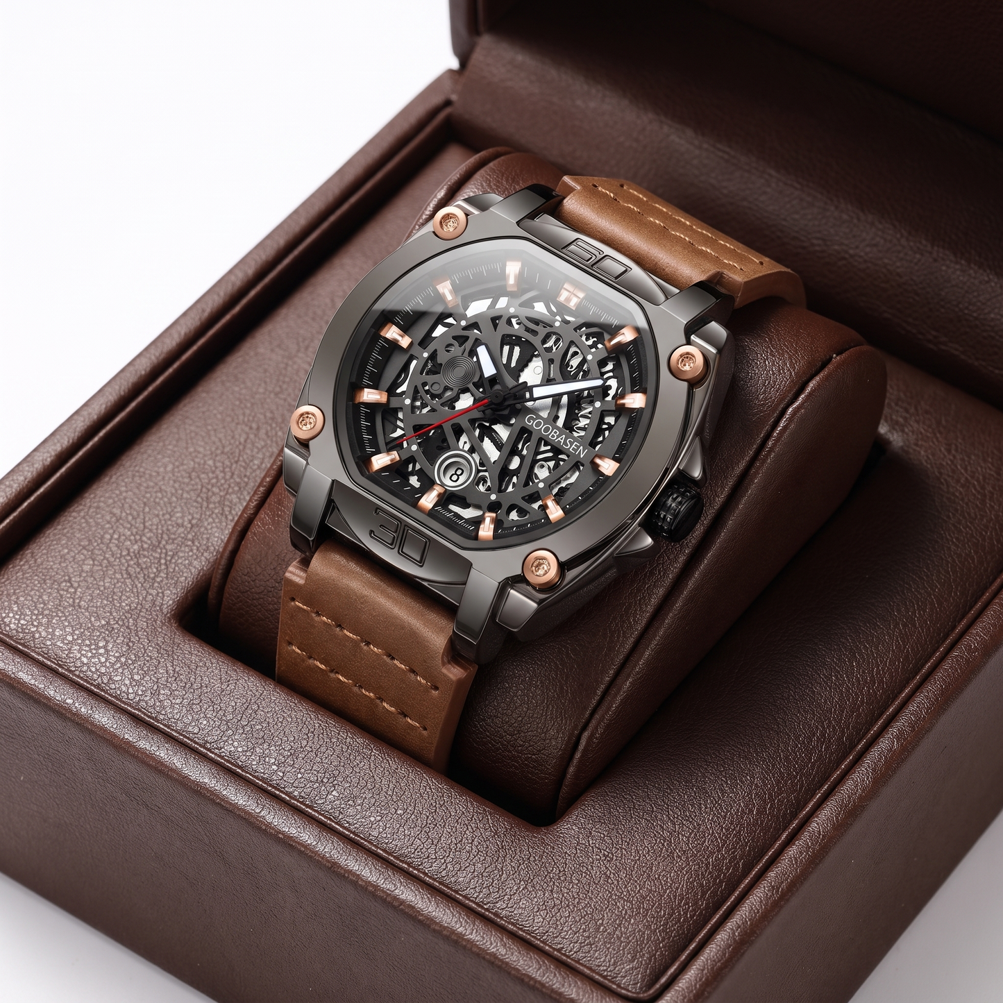 Men's Quartz Watch. Elegant design, dark brown leather strap, and scratch-resistant dial for daily casual wear.