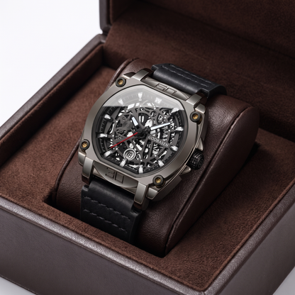 Close-up of a men's casual quartz watch with a textured brown leather strap, round silver case, and white dial.