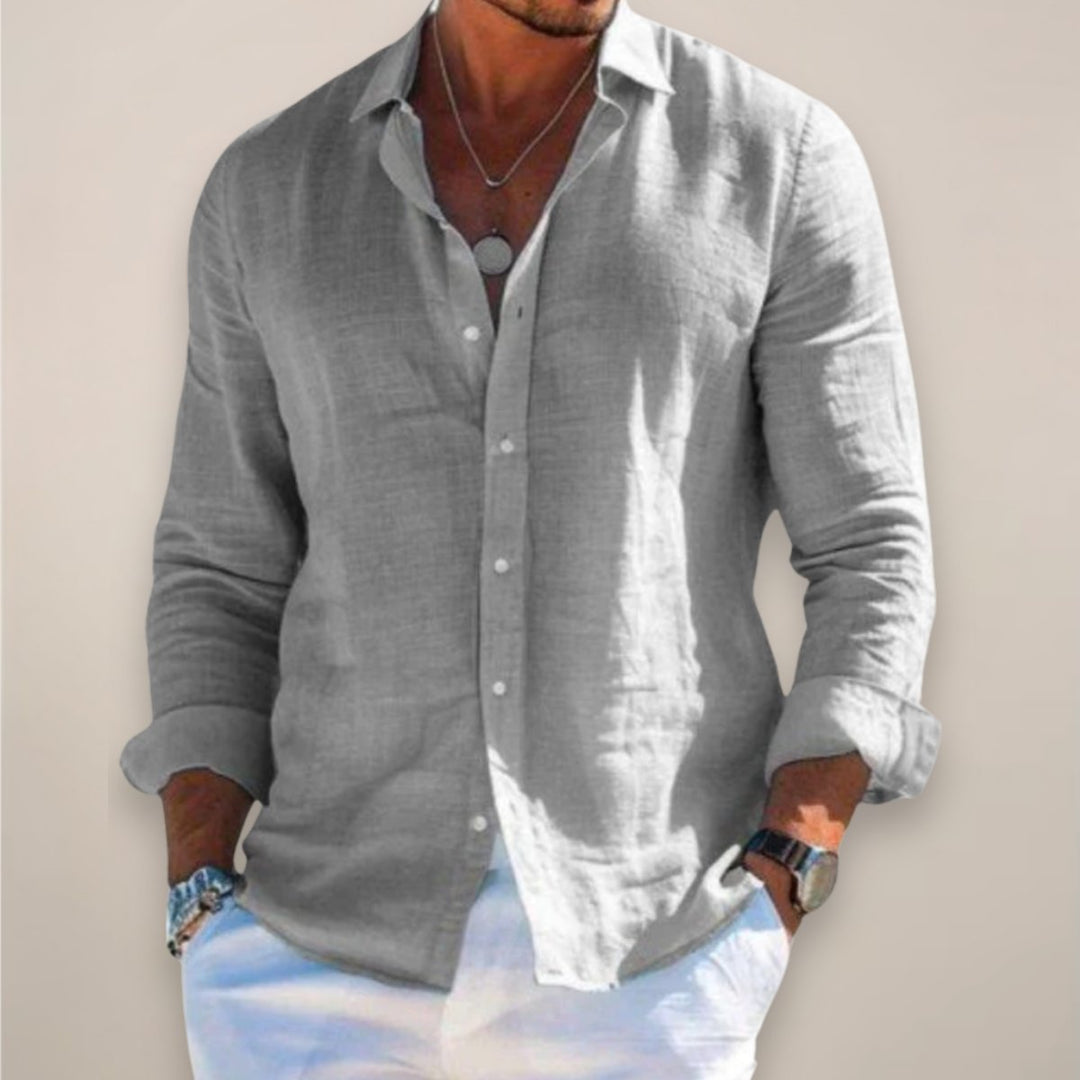 Comfortable men's relaxed fit button shirt, a versatile long sleeve top for casual wear.