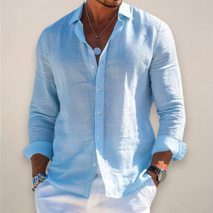Men's apparel: effortless long sleeve button-down shirt in a comfortable, relaxed fit.