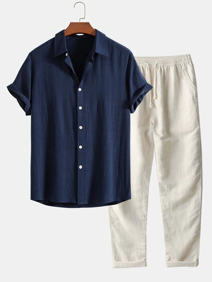 Men's casual rolled cuff shirt & pants set, perfect for summer resort wear & relaxed style.