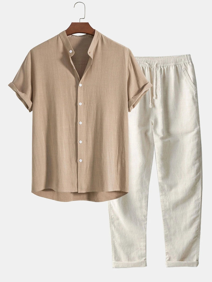 Men's stylish casual shirt & pants set featuring trendy rolled cuffs, great for summer fashion.
