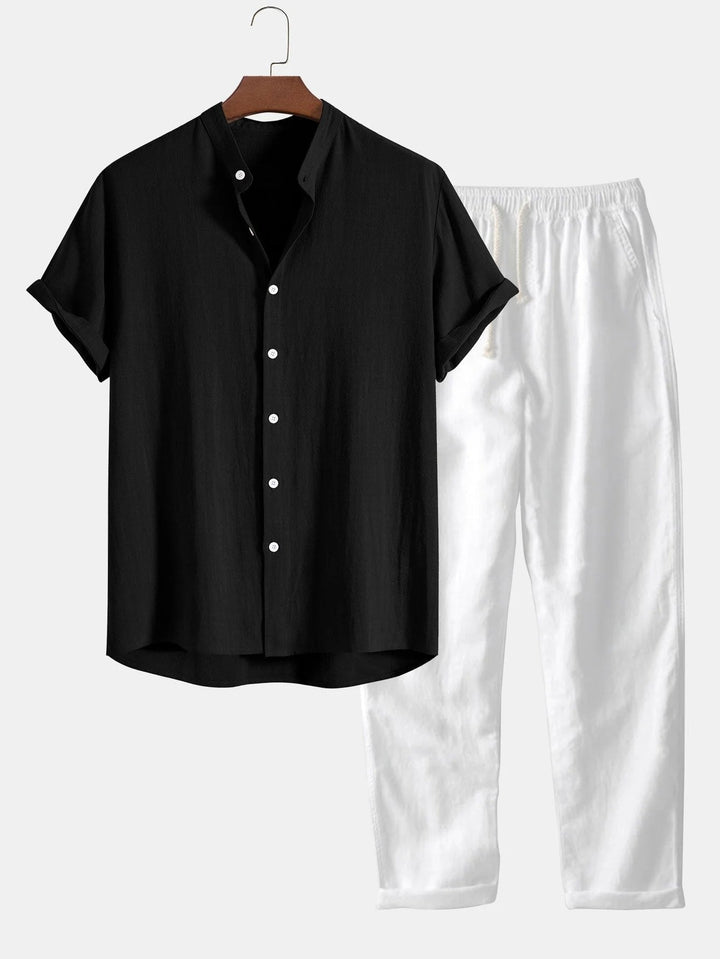 Complete men's summer outfit: rolled cuff button-down shirt & matching relaxed fit pants.