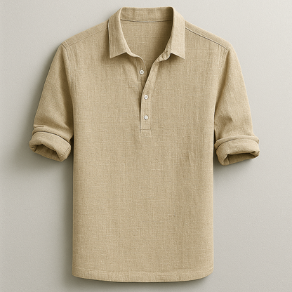 Stylish solid color Roman henley shirt with button-up collar, perfect for spring/summer casual.
