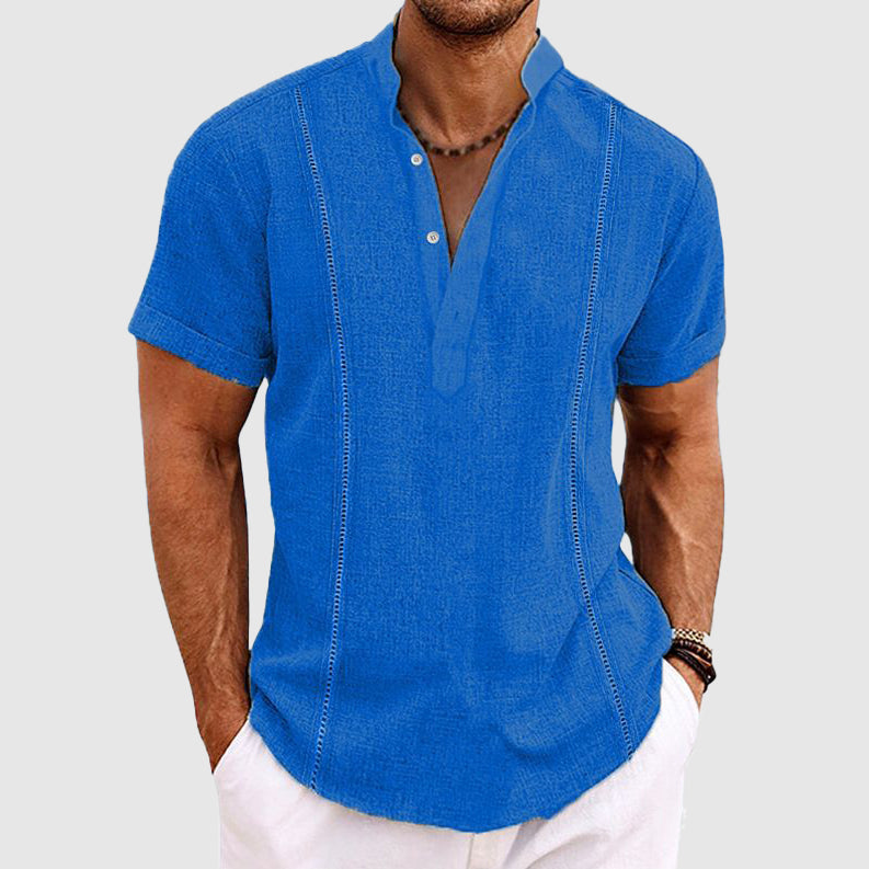 Men's casual short sleeve button-front shirt in light blue for summer comfort and warm weather.
