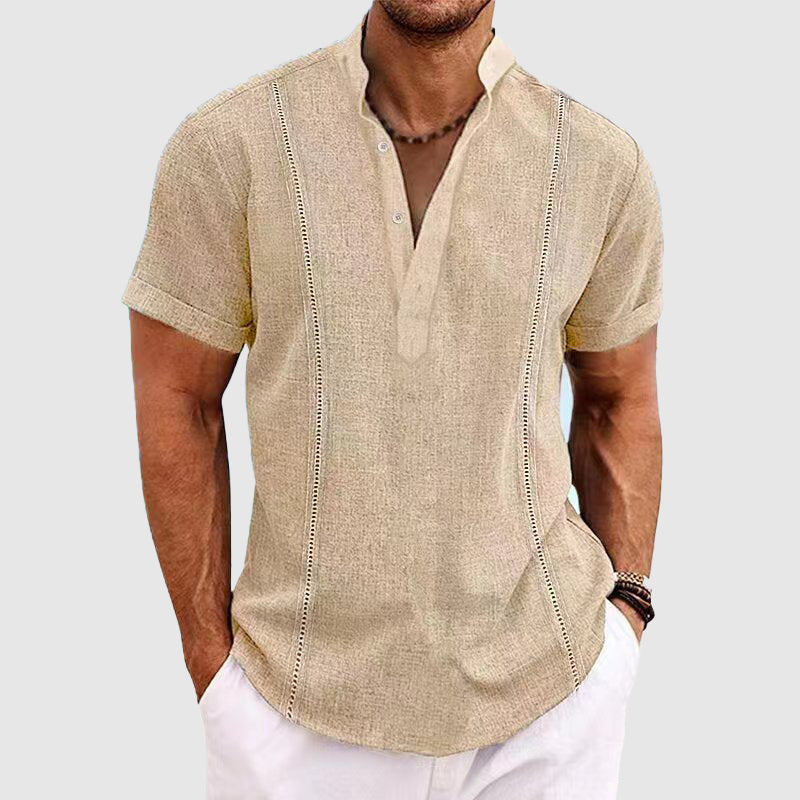 Versatile men's casual short sleeve shirt, button-front, available in beige, white, dark blue for summer.