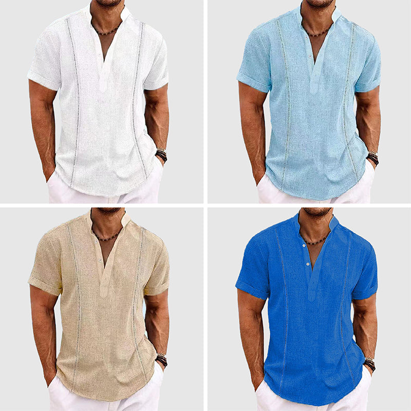 Men's casual button-front short sleeve shirt, suitable for summer warmth, available in multiple colors.