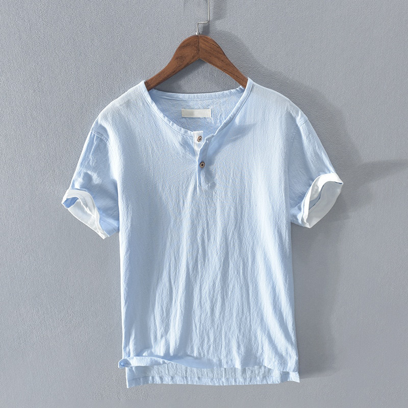 Men's casual short-sleeve henley shirt for summer. Lightweight, breathable, and comfortable for everyday style.