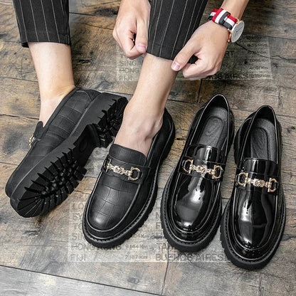 Elegant yet rugged men's chain loafers, featuring a striking gold chain, comfortable slip-on design, and lug sole.