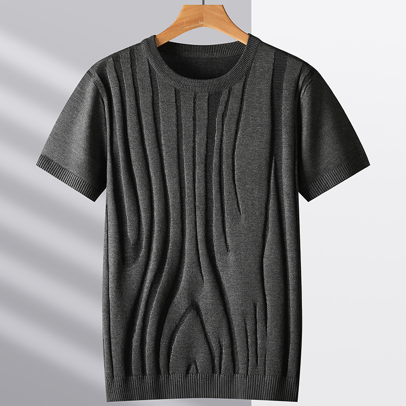 Men's charcoal knit tee with sculpted wood grain texture. Stylish, soft, and modern casual top.