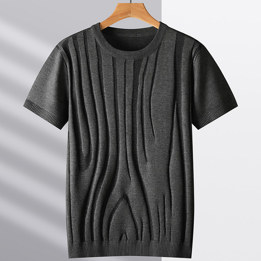 Men's charcoal knit tee with sculpted wood grain texture. Stylish, soft, and modern casual top.