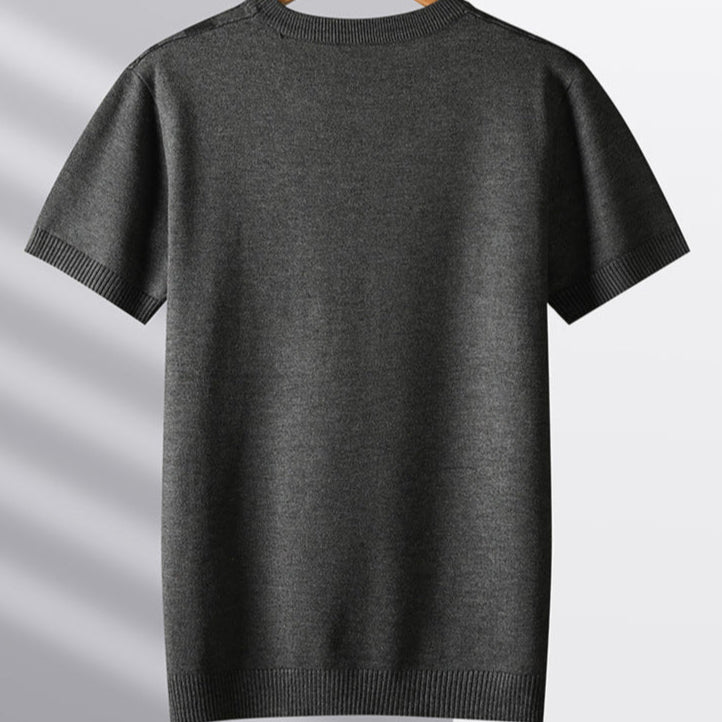 Gray men's textured knit tee, featuring unique wood grain pattern. Comfortable, versatile, and modern style.