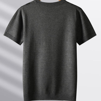 Gray men's textured knit tee, featuring unique wood grain pattern. Comfortable, versatile, and modern style.