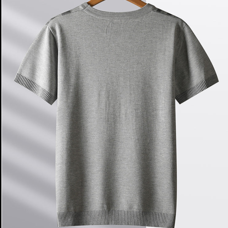 Black sculpted knit tee for men, with a subtle wood grain texture. Soft, casual, and stylish comfort wear.