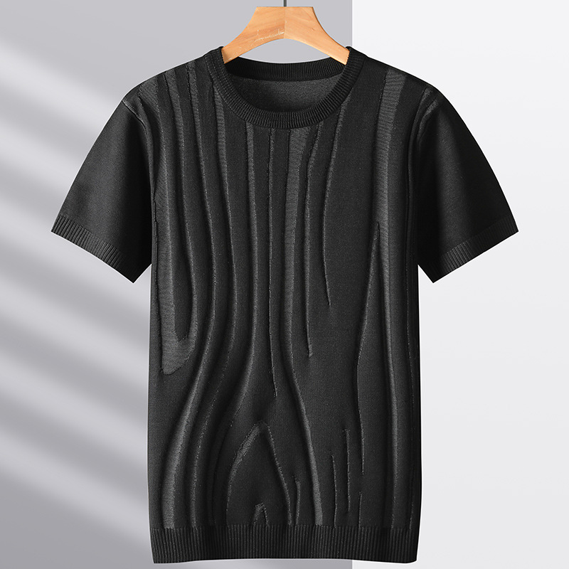 Men's casual t-shirt: modern charcoal knit with unique sculpted wood grain texture. Soft and stylish comfort.