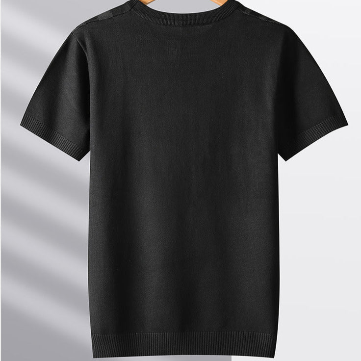 Stylish men's gray tee, a soft knit with an innovative wood grain textured pattern. Perfect for casual wear.