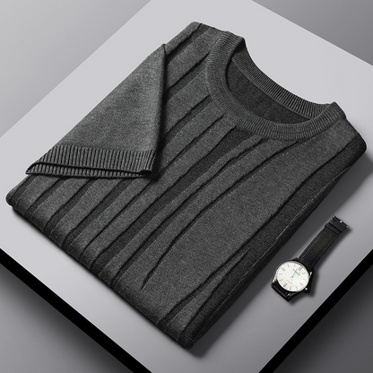 Black textured men's knit tee, showcasing a sculpted wood grain design. Modern, comfortable, and versatile top.