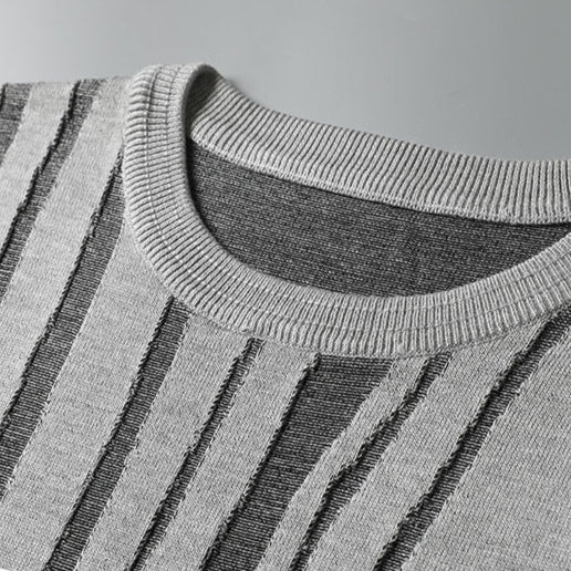 Front view of a men's gray knit tee with a unique sculpted wood grain texture. Soft, stylish, and comfortable.