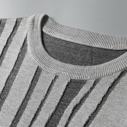 Front view of a men's gray knit tee with a unique sculpted wood grain texture. Soft, stylish, and comfortable.