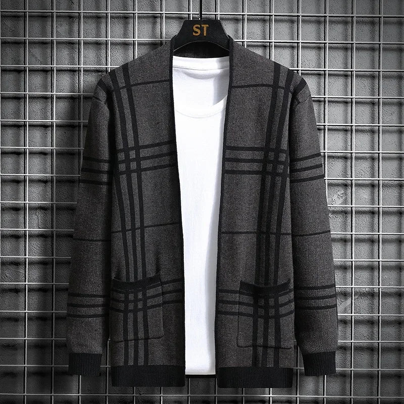 Men's charcoal plaid open-front cardigan sweater, perfect for sophisticated layering.