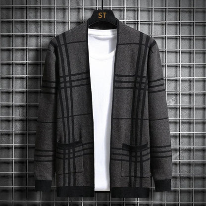 Men's charcoal plaid open-front cardigan sweater, perfect for sophisticated layering.