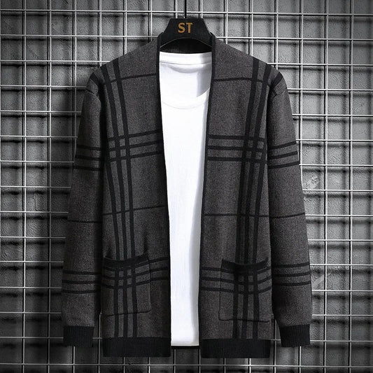 Men's charcoal plaid open-front cardigan sweater, perfect for sophisticated layering.