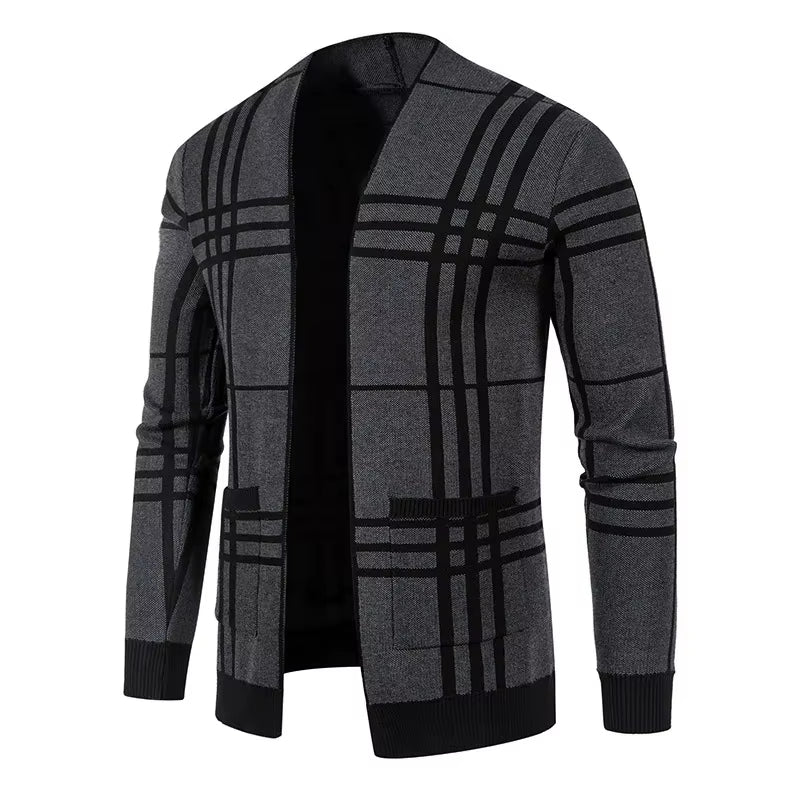 Comfortable men's plaid open-front sweater, a soft and versatile layering cardigan.