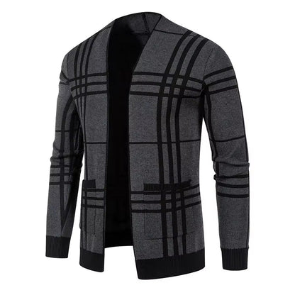 Comfortable men's plaid open-front sweater, a soft and versatile layering cardigan.