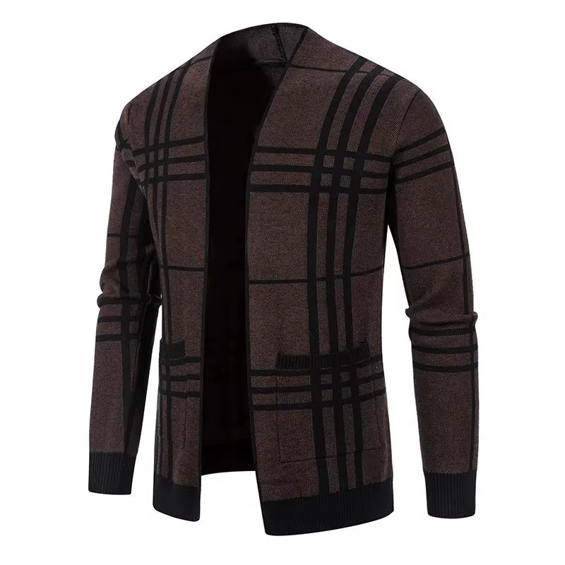 Sophisticated men's charcoal plaid open-front cardigan, versatile for tailored casual style.