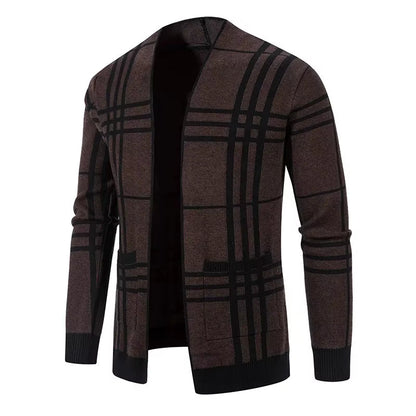 Sophisticated men's charcoal plaid open-front cardigan, versatile for tailored casual style.