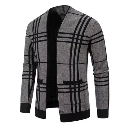 Modern men's grey plaid open-front cardigan sweater, a comfortable layering piece for all seasons.