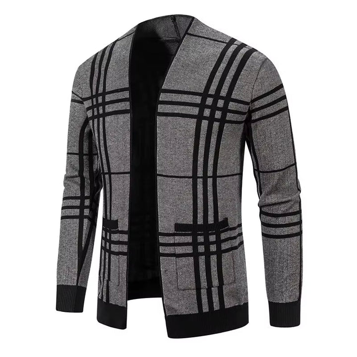 Modern men's grey plaid open-front cardigan sweater, a comfortable layering piece for all seasons.