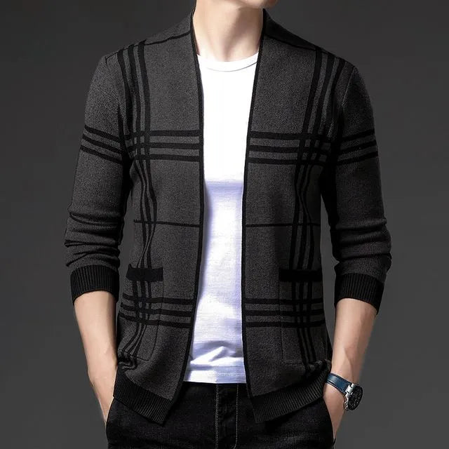 Comfortable men's charcoal plaid cardigan sweater, ideal for casual or tailored looks.