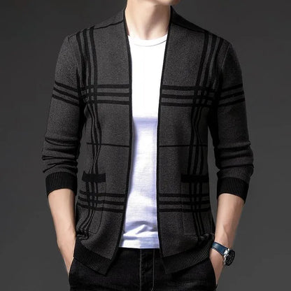 Comfortable men's charcoal plaid cardigan sweater, ideal for casual or tailored looks.