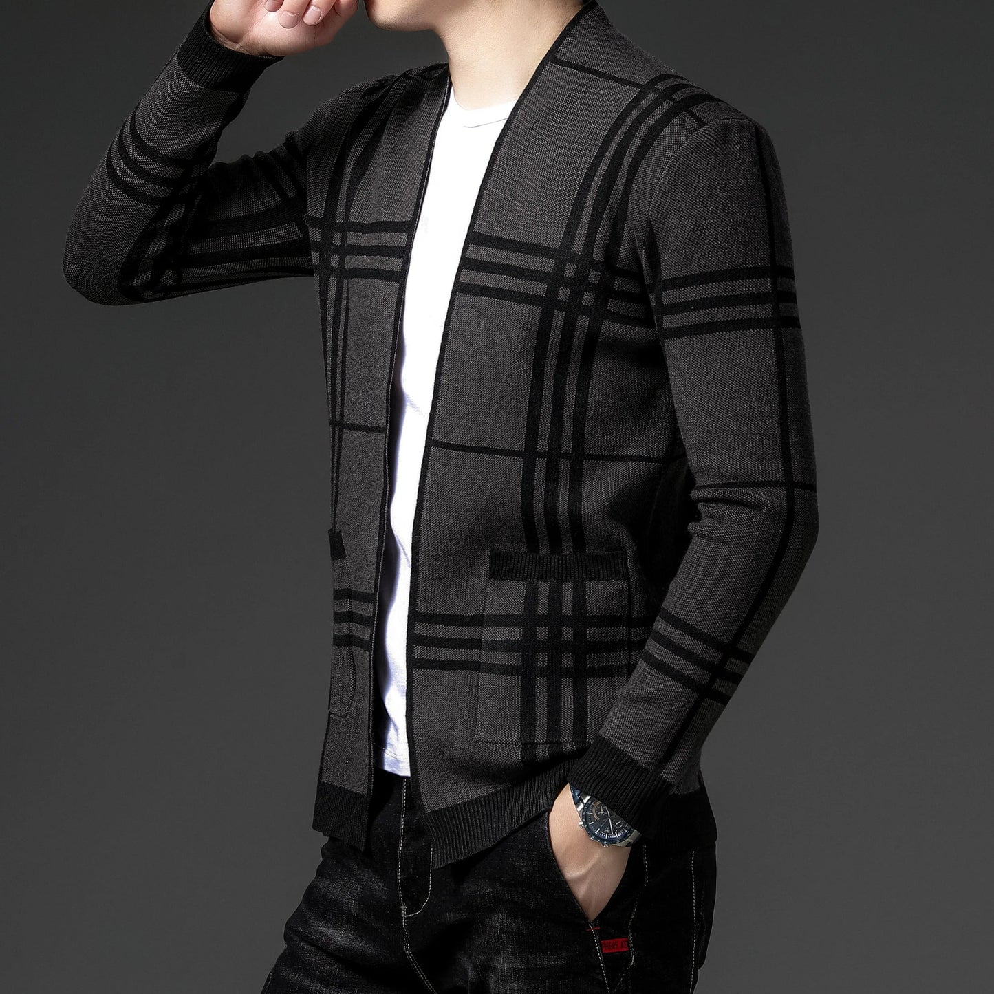 Versatile men's brown plaid open-front sweater, a sophisticated layering piece.