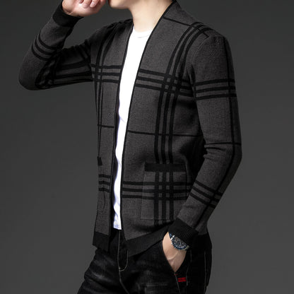 Versatile men's brown plaid open-front sweater, a sophisticated layering piece.